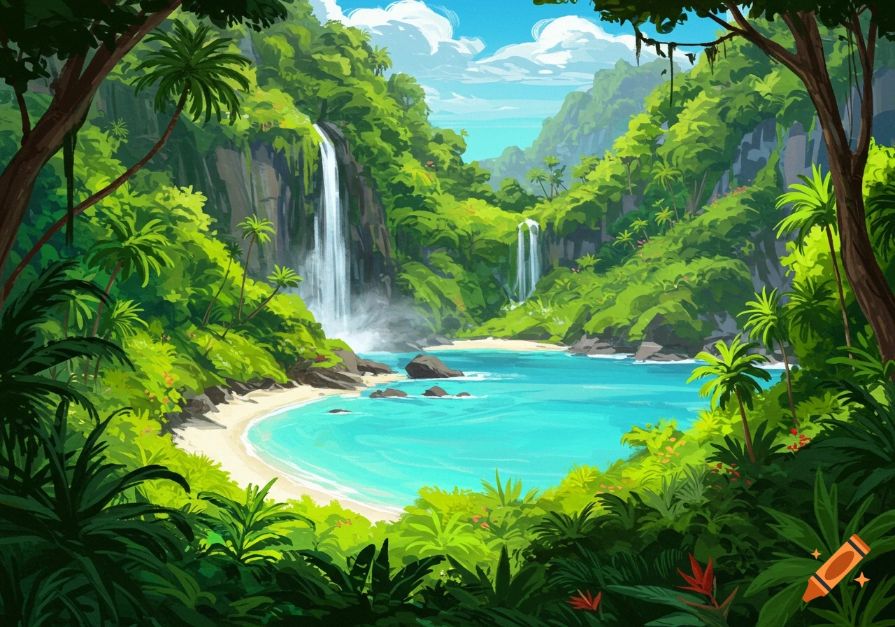 Vibrant illustration of a lush tropical island with a sandy beach and two waterfalls flowing into clear turquoise water.