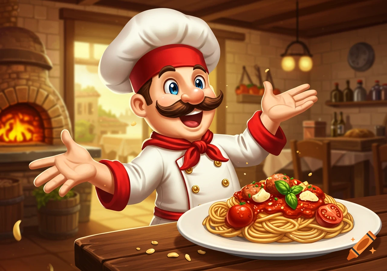 A cheerful cartoon chef in a white hat and red scarf stands in a rustic kitchen, presenting a plate of spaghetti with meatballs and sauce. A pizza oven is in the background.