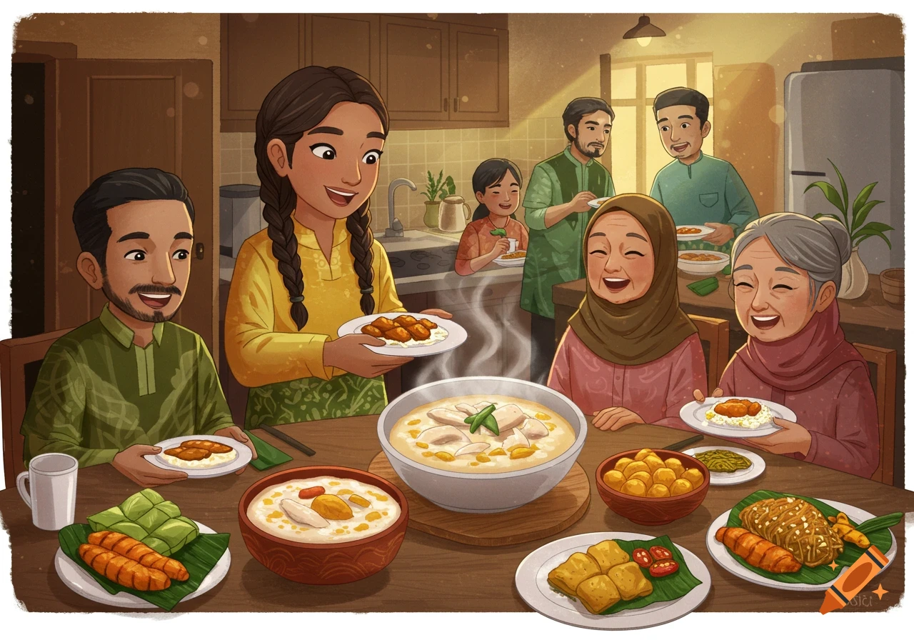 A cheerful family in a warm, cartoon-style illustration gathers around a table laden with food, sharing a meal together.