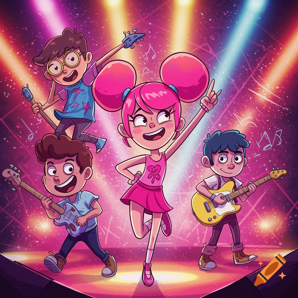 A lively cartoon band of four children, including a girl with pink hair, playing instruments on a brightly lit stage.
