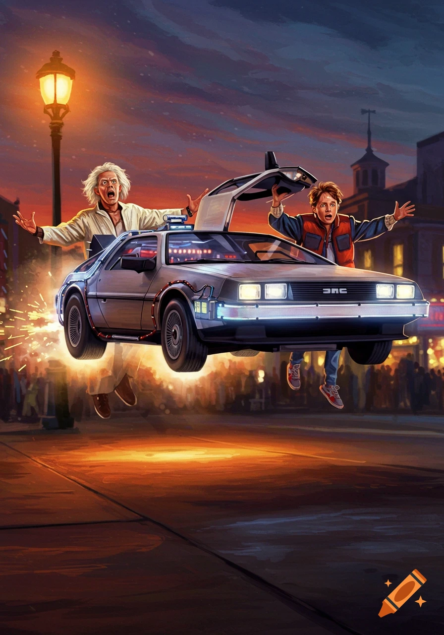 An illustrated depiction of Doc Brown and Marty McFly with their flying DeLorean time machine at dusk.