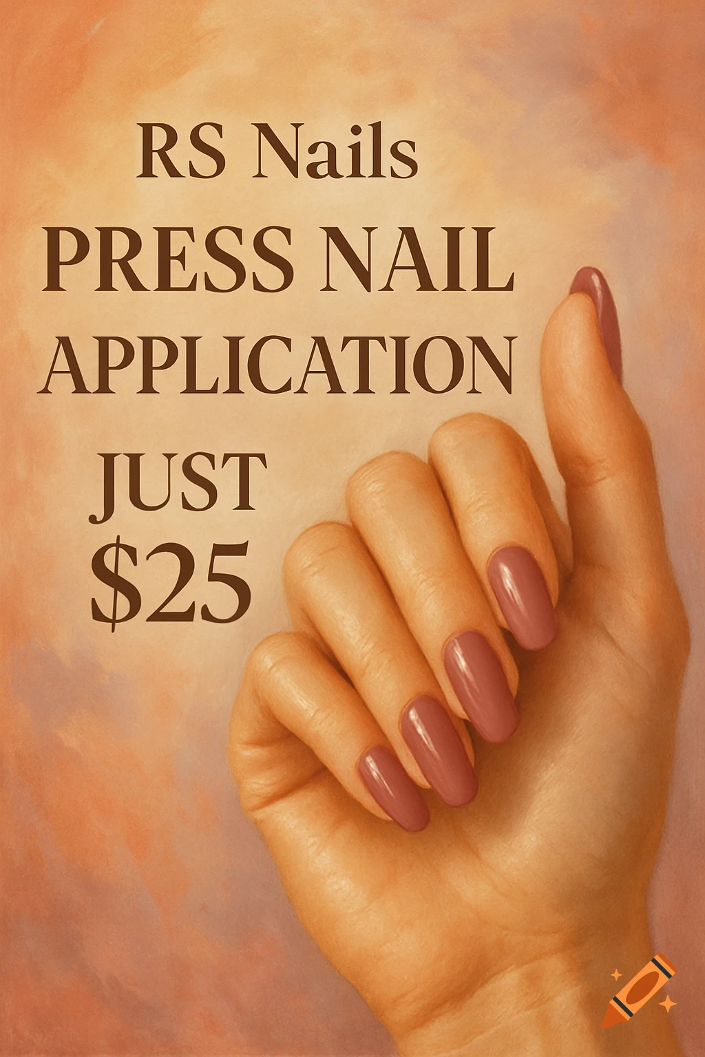 A hand with pink press-on nails and text 'RS Nails Press Nail Application Just $25' on an orange background.