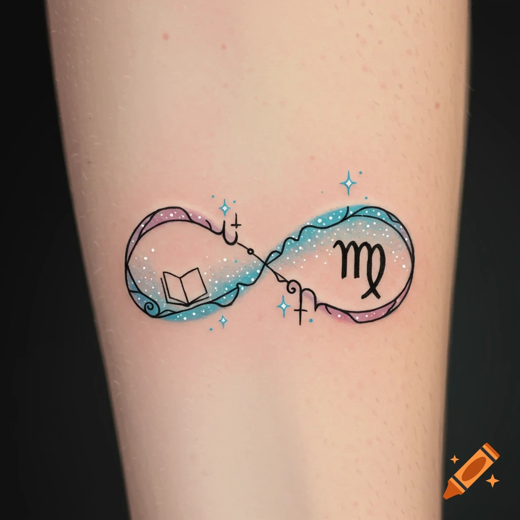 A colorful tattoo of an infinity symbol with a Virgo glyph, an open book, and sparkles, on a person's arm.