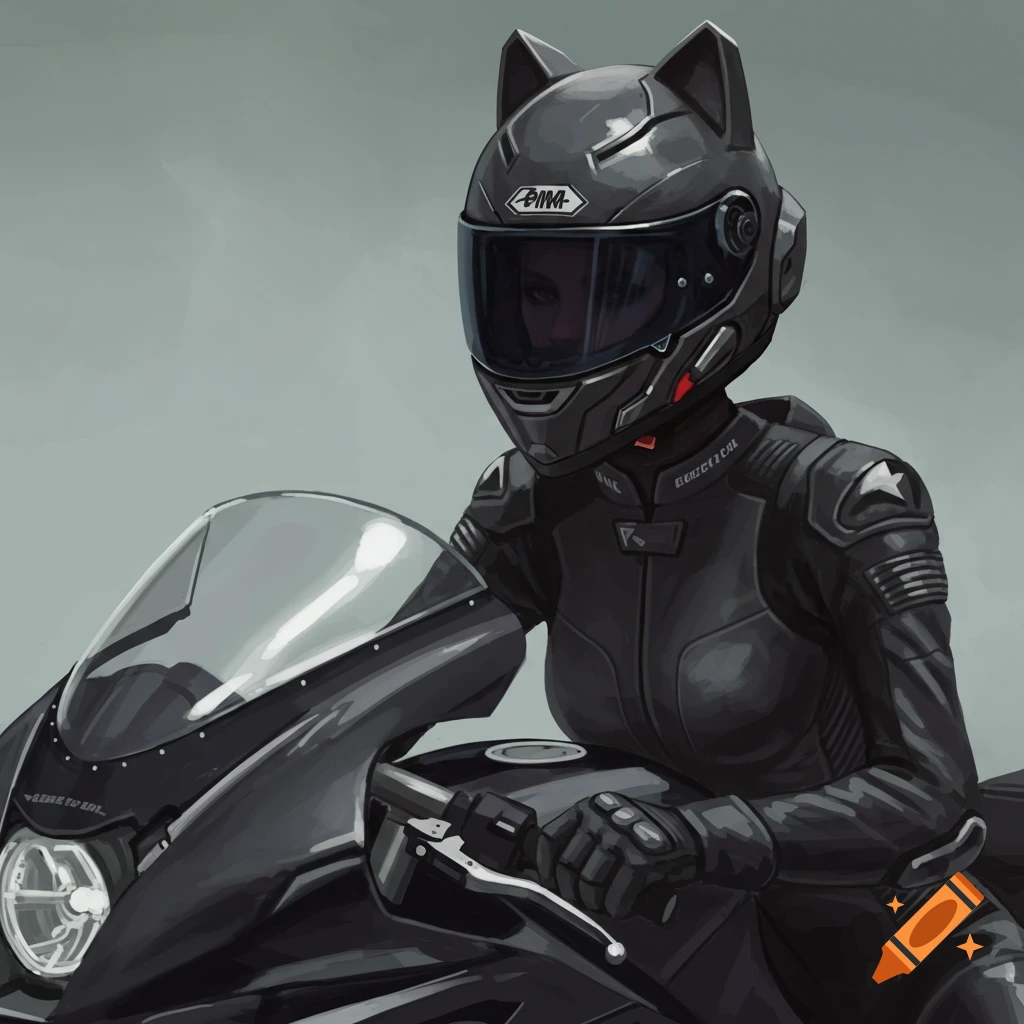 A woman in a matte black biker suit and helmet with cat ears sits on a black motorcycle, stylized.
