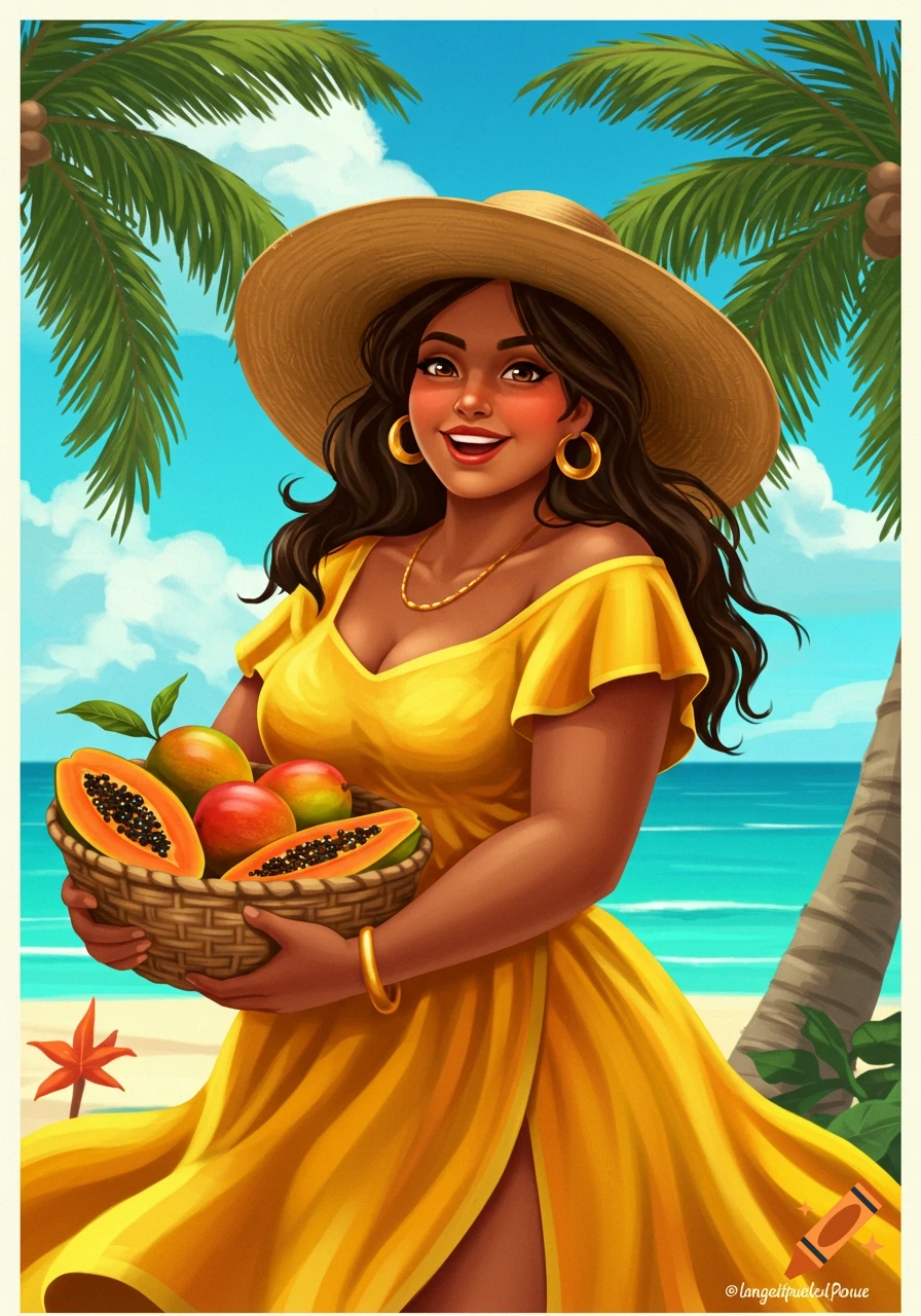 A smiling woman in a yellow dress and straw hat holds a basket of papayas and mangoes on a tropical beach, illustration style.