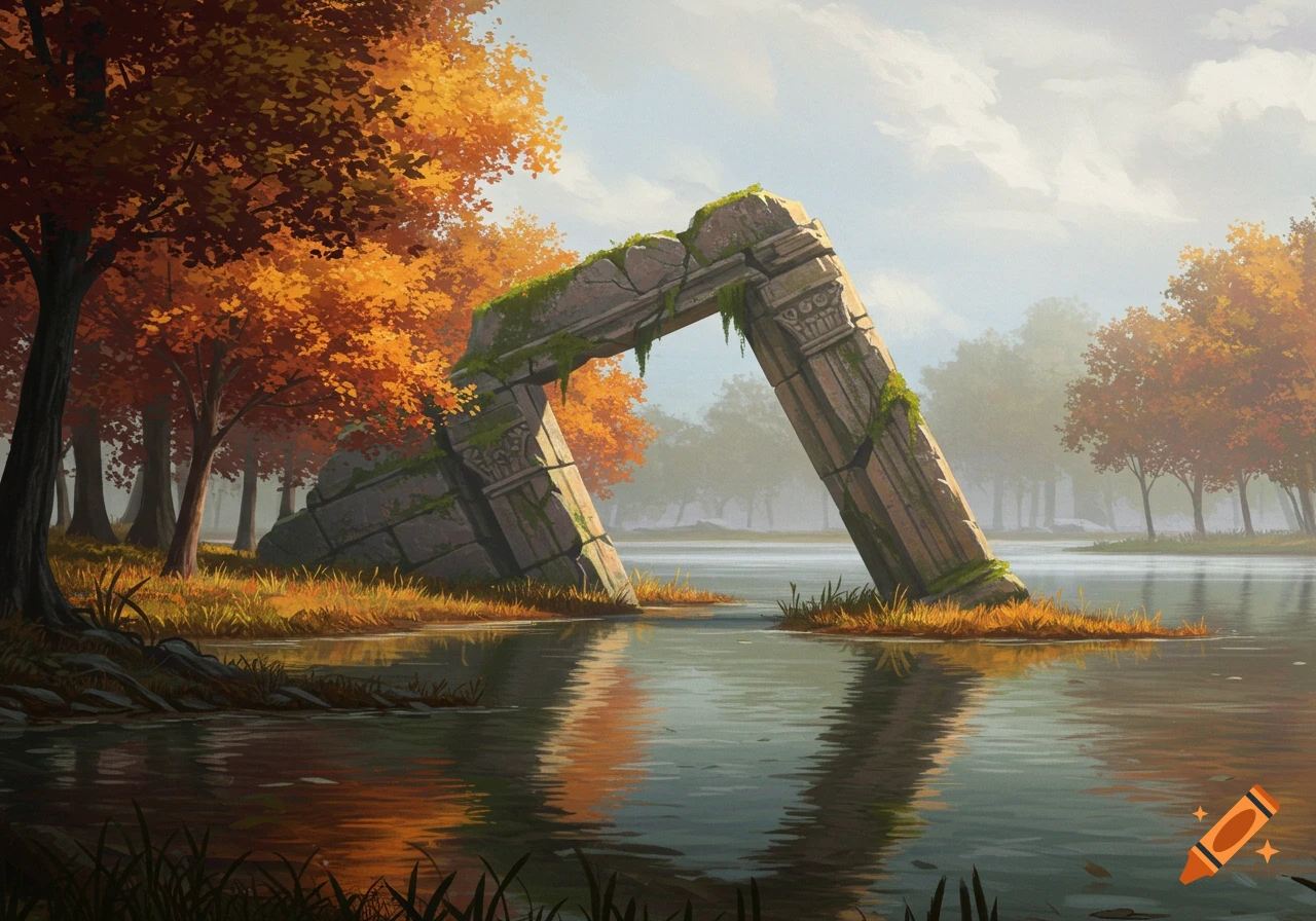 A tilted stone archway ruin stands partially submerged in a shallow lake, surrounded by autumn trees. Scenic illustration.