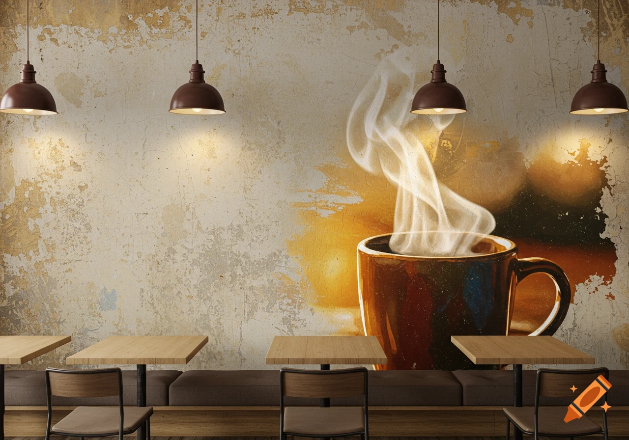 Interior view of a cafe with wooden tables and chairs facing a distressed wall featuring a mural of a steaming cup of coffee.
