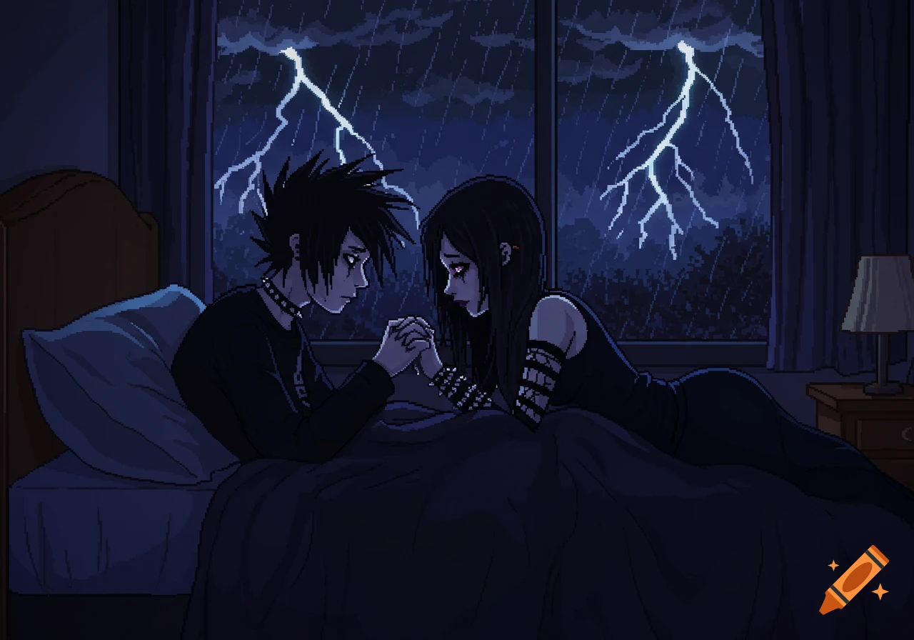 Pixel art of an emo couple holding hands on a bed, looking somber as lightning flashes outside a window during a storm.