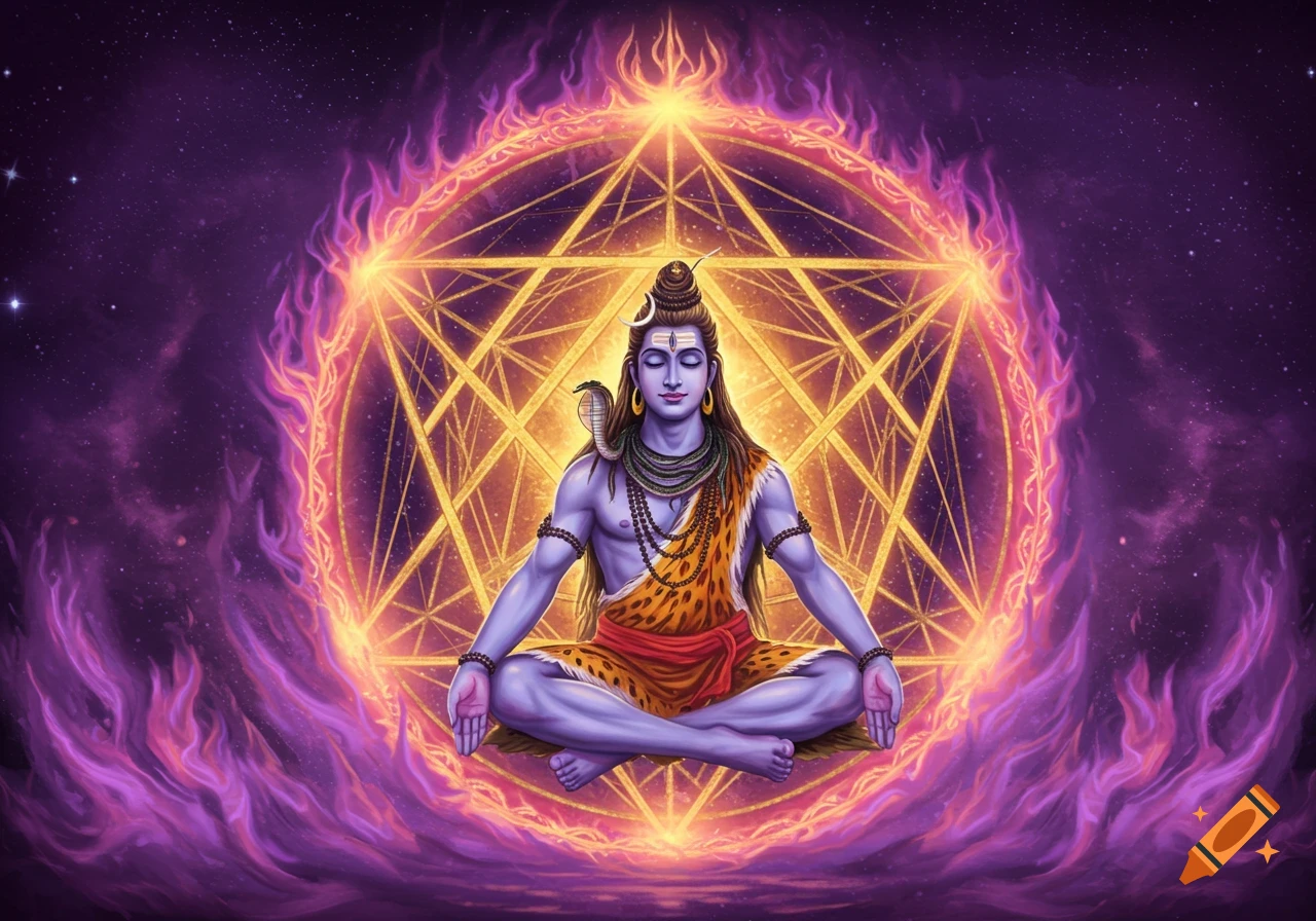 Digital illustration of Hindu God Shiva meditating amidst vibrant purple flames and a golden Merkabah symbol against a starry cosmic background.