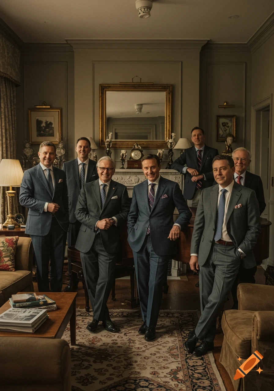 A group of well-dressed men in suits smiling and posing in a classic study room.