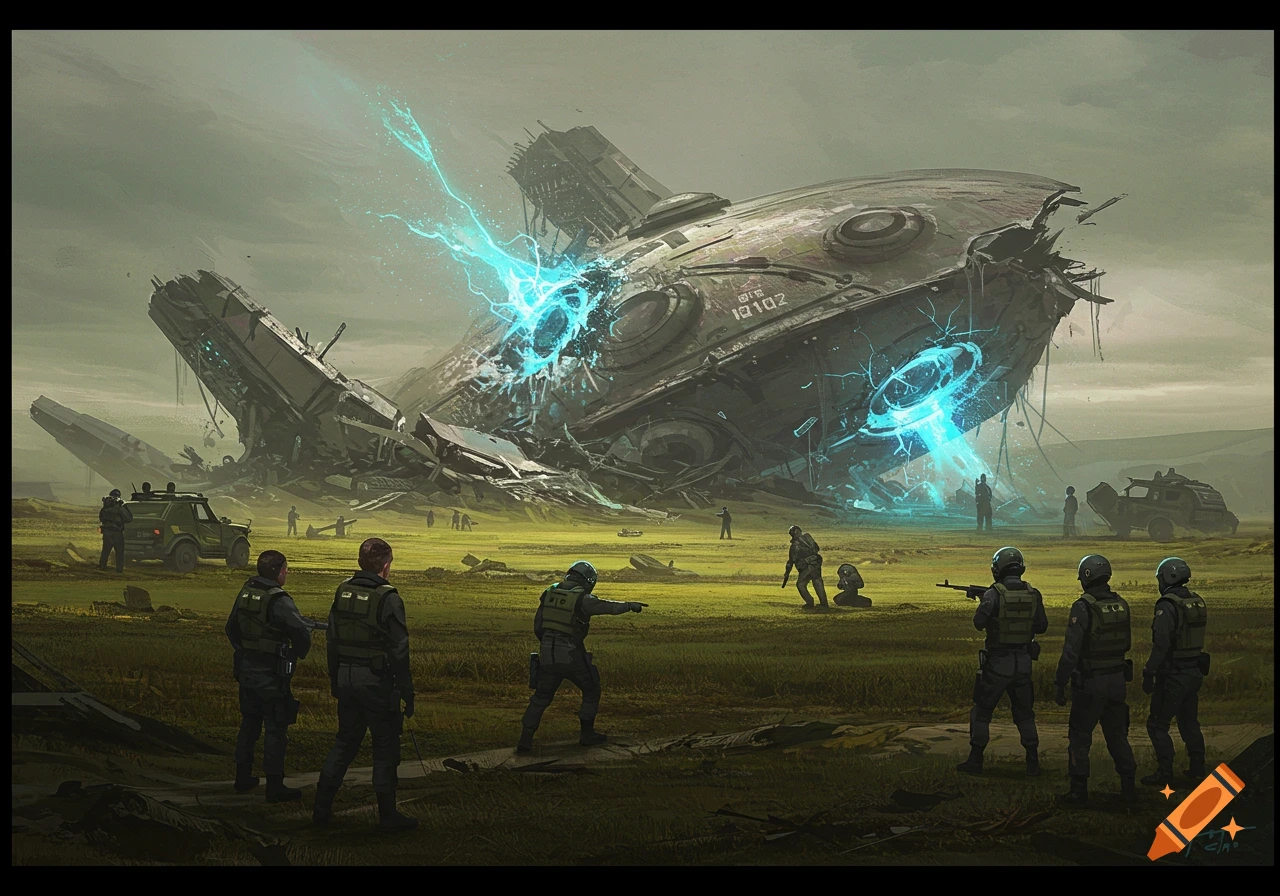 Military personnel investigate a crashed, smoking UFO with debris in a field.