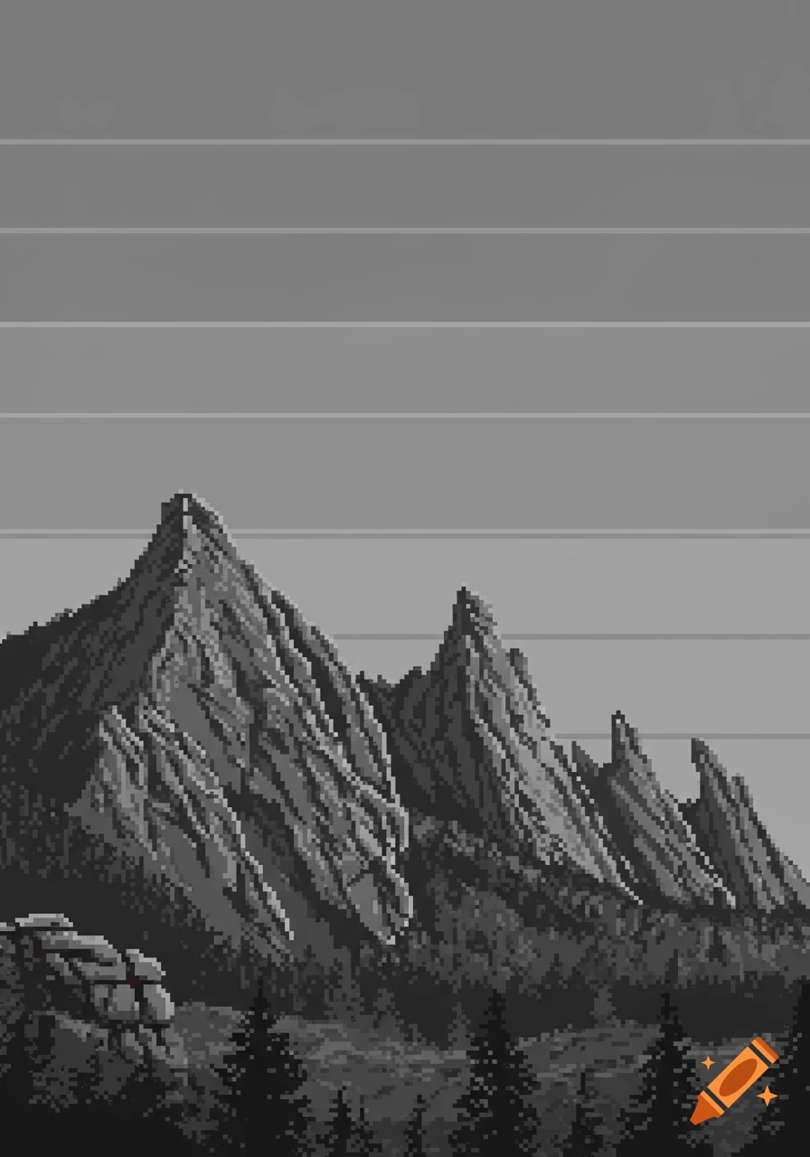 Grayscale pixel art depicting craggy mountains with trees at their base under a banded sky.