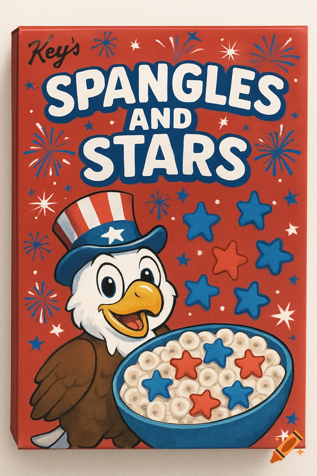 A red cereal box for "Spangles and Stars" featuring a cartoon bald eagle wearing a patriotic hat and holding a bowl of cereal with star-shaped marshmallows.