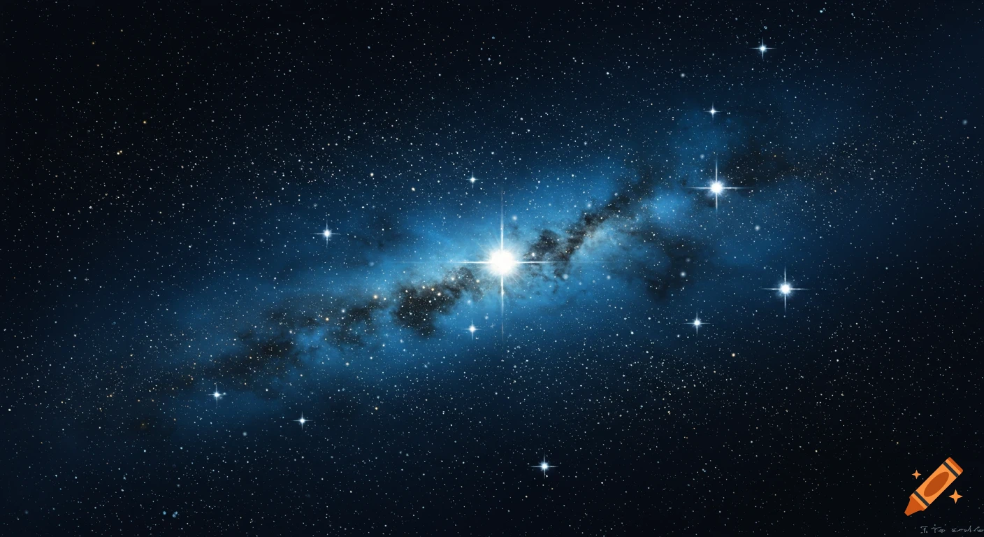 A bright star with light flares shines within a blue and black nebula, surrounded by countless stars in deep space.