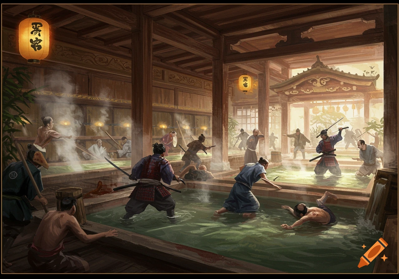Samurai and other figures fighting in a steamy Japanese bathhouse, depicted in a detailed illustration.