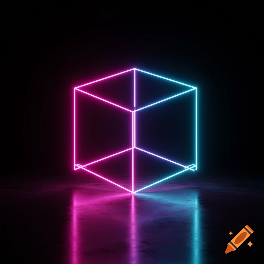 A neon wireframe cube, half magenta and half cyan, glows and reflects on a dark, wet surface.