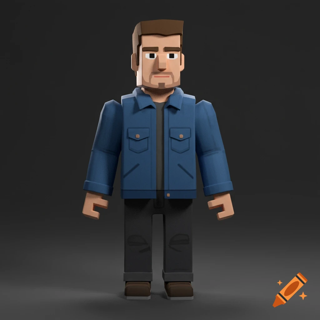 A low poly 3D character of a man with a beard, wearing a blue jacket and dark pants, against a dark background.