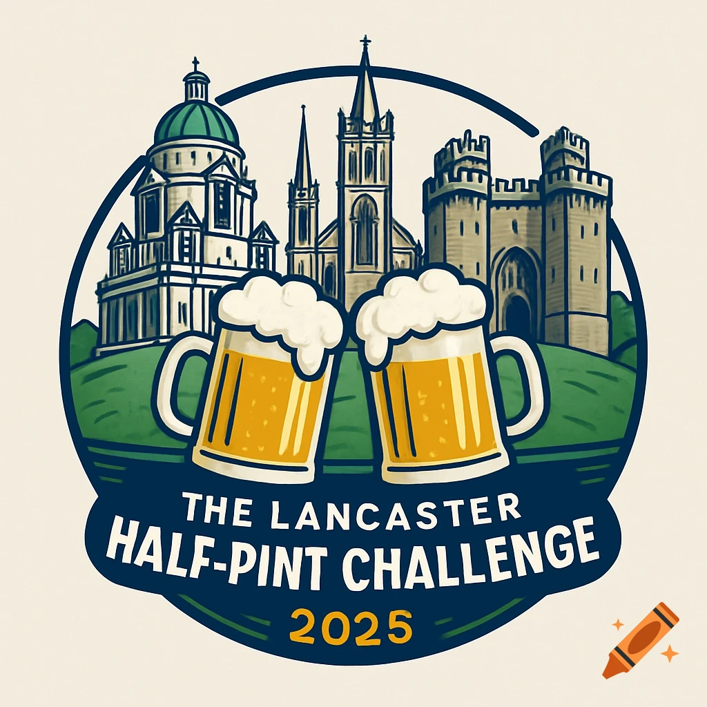 A stylized logo featuring two beer mugs in front of the Lancaster city skyline with a castle and cathedral. Text says 'The Lancaster Half-Pint Challenge 2025'.
