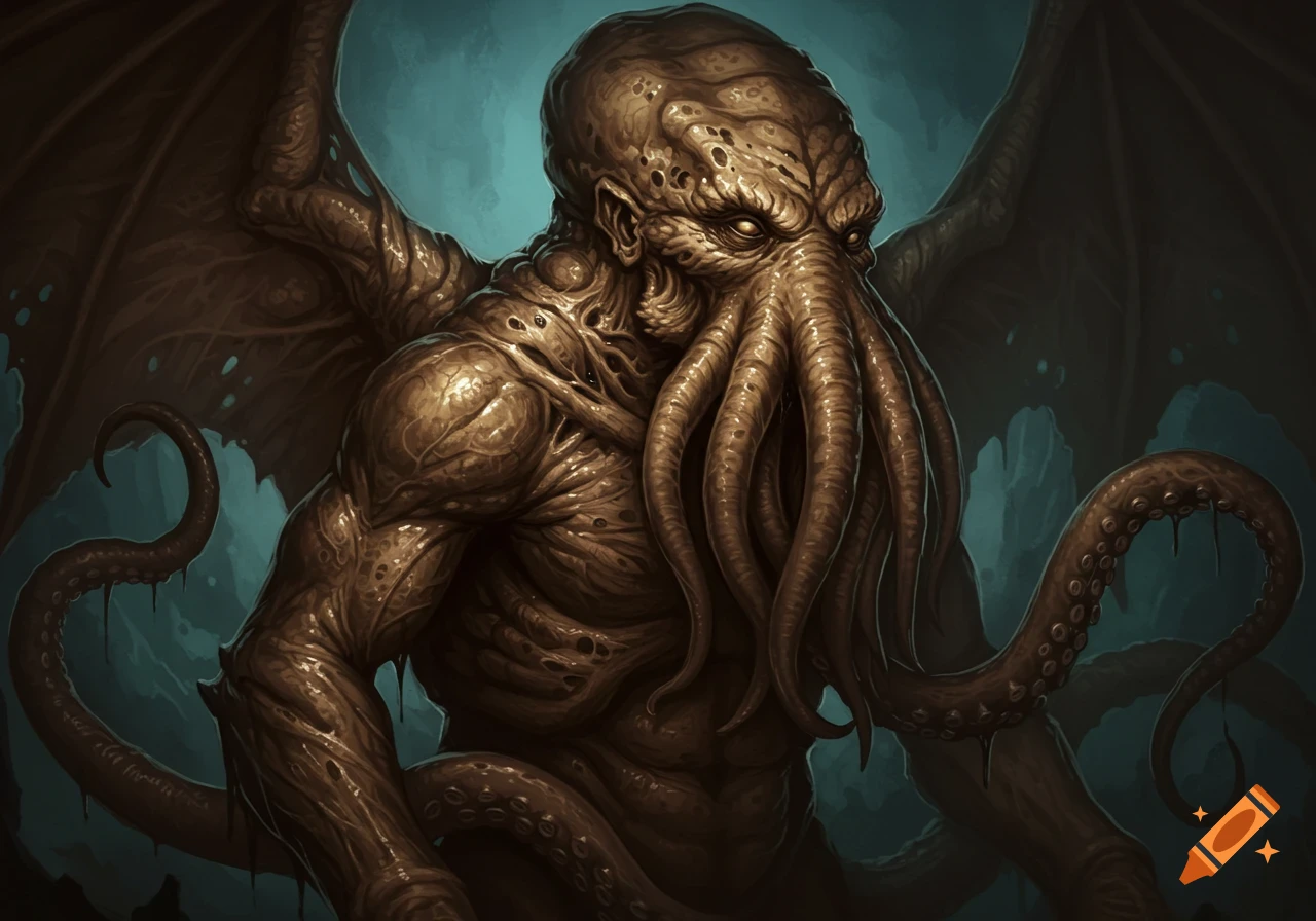 A detailed, dark brown, lumpy-skinned Cthulhu with large wings and tentacles for a face, set against a dark teal background.