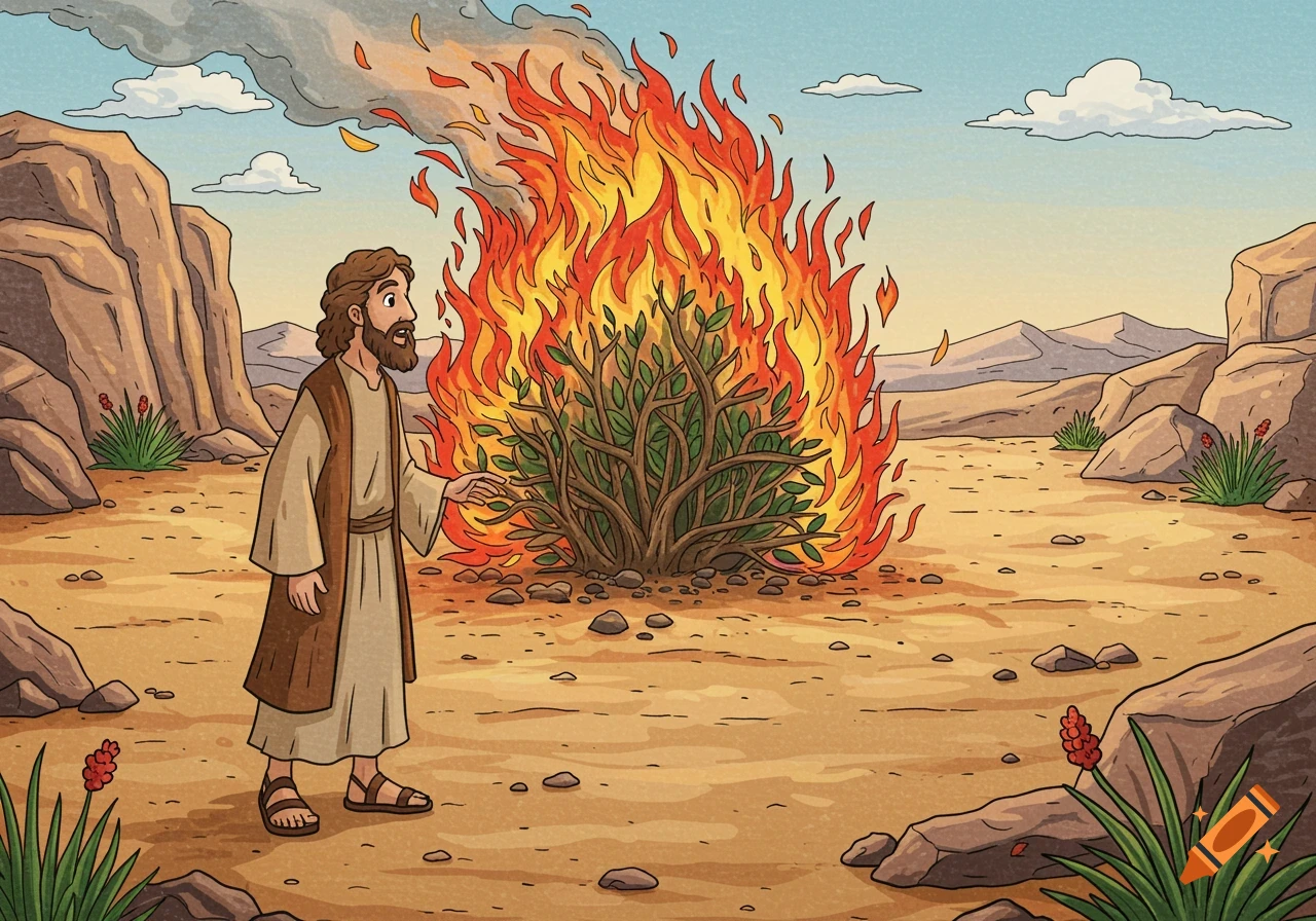 Cartoon illustration of Moses in a desert, looking at a burning bush with green leaves, under a blue sky.