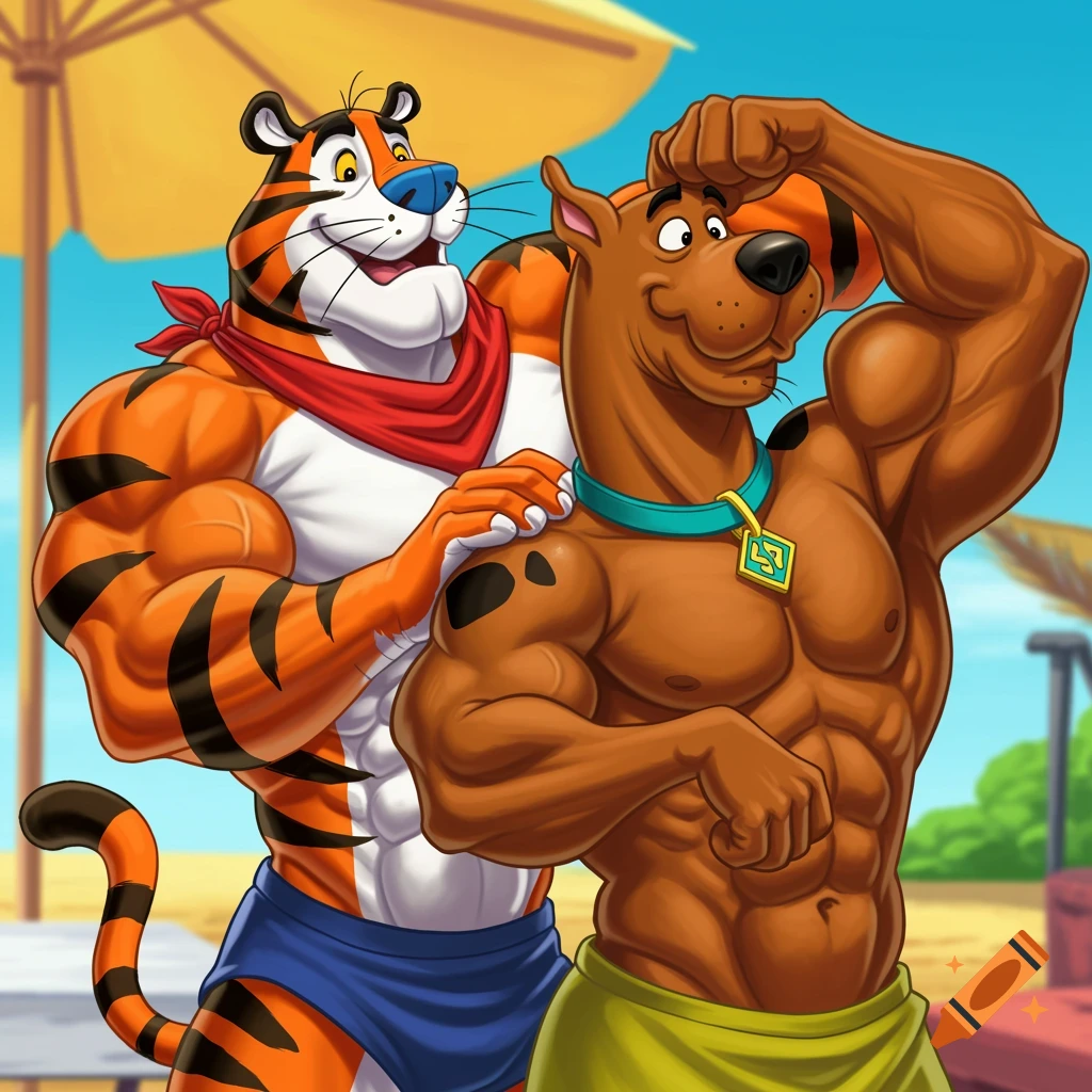 Cartoon style image of a very muscular Tony the Tiger with his hand on the shoulder of a muscular Scooby Doo at a sunny beach.