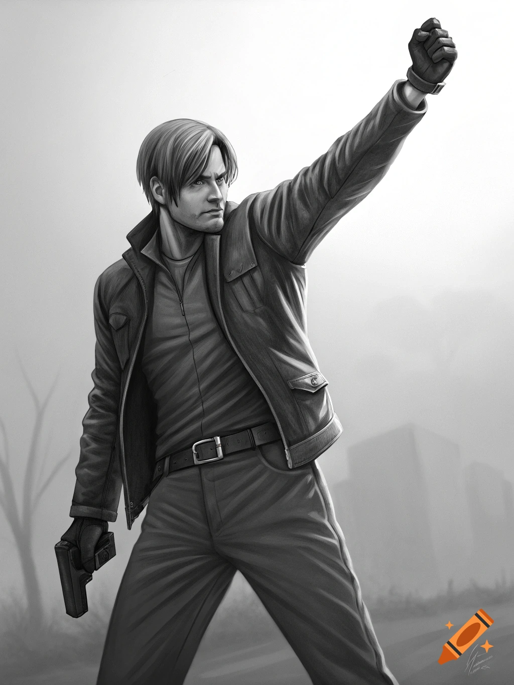 Leon S. Kennedy in a monotone, dramatic pose, raising one arm with a clenched fist and holding a gun in the other hand.