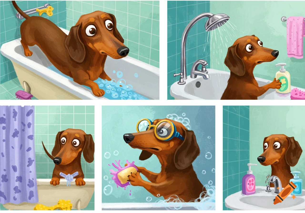 A cartoon dachshund taking a bath in five panels, showing it in the tub ...