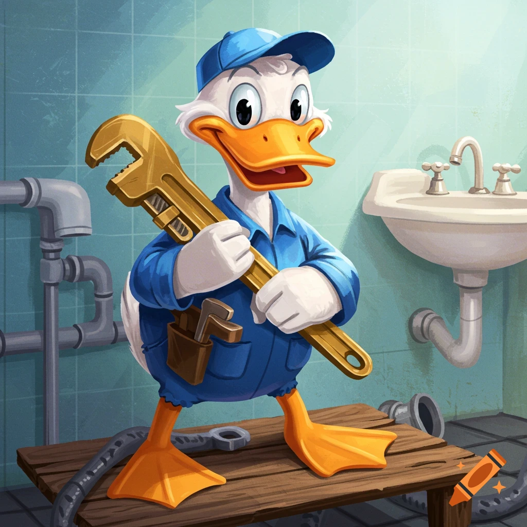 A cartoon duck plumber in a blue uniform and cap stands on a wooden plank, holding a large gold pipe wrench in a bathroom.