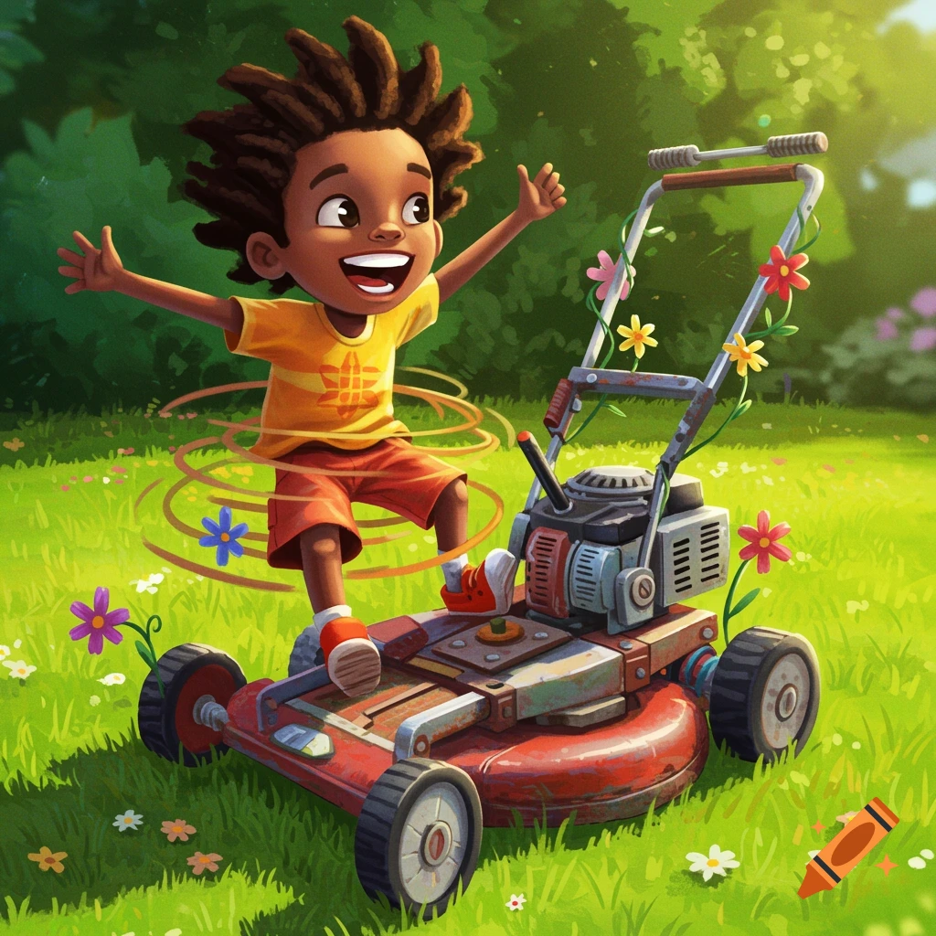 A happy young boy with dreadlocks stands on a red lawn mower, arms outstretched, in a sunny green garden with flowers, in a cheerful cartoon style.
