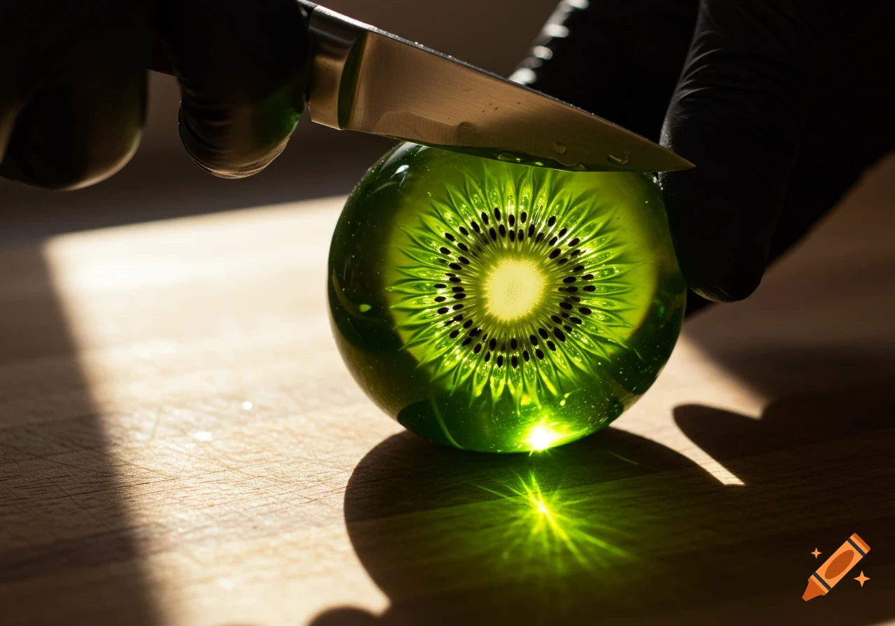 A glass kiwi fruit glows on a wooden cutting board as a knife held by a gloved hand is poised above it, capturing a dramatic light reflection.