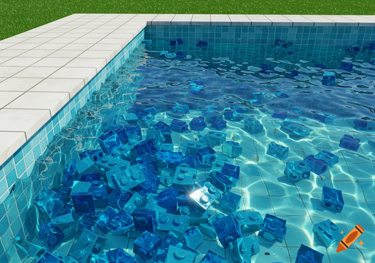 A swimming pool filled with clear blue LEGO bricks, with sunlight reflecting on the water.