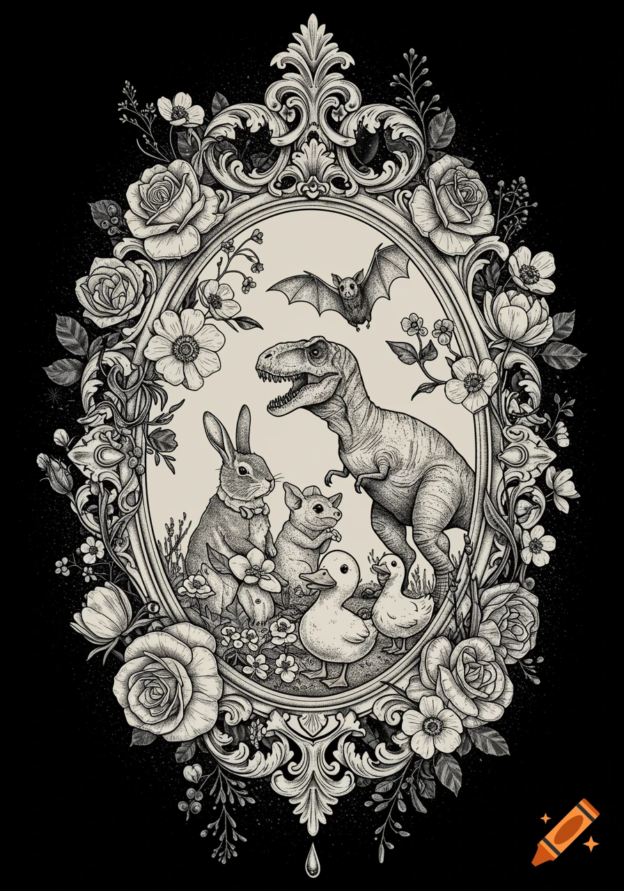A black and white illustration of a bunny, T-Rex, bat, mouse, and ducklings inside an ornate gothic floral frame.