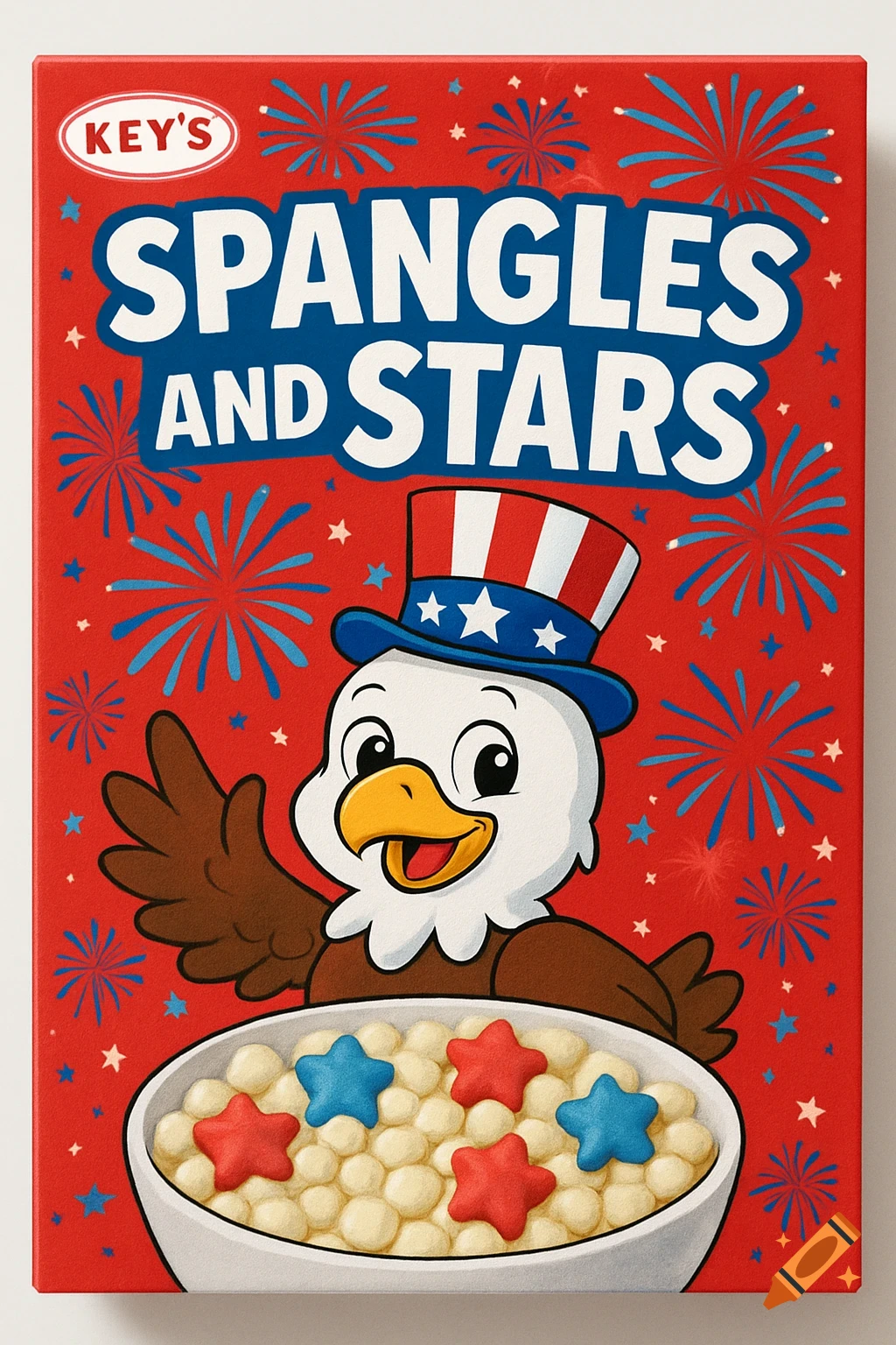 A cartoon cereal box for 'Spangles and Stars' with a patriotic bald eagle mascot, fireworks, and cereal with red and blue star marshmallows.