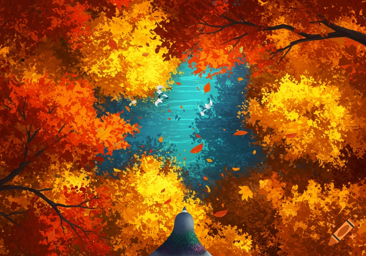 Illustrative view from above a pigeon's back looking down into vibrant autumn foliage and a blue-green clearing with falling leaves and abstract white birds.