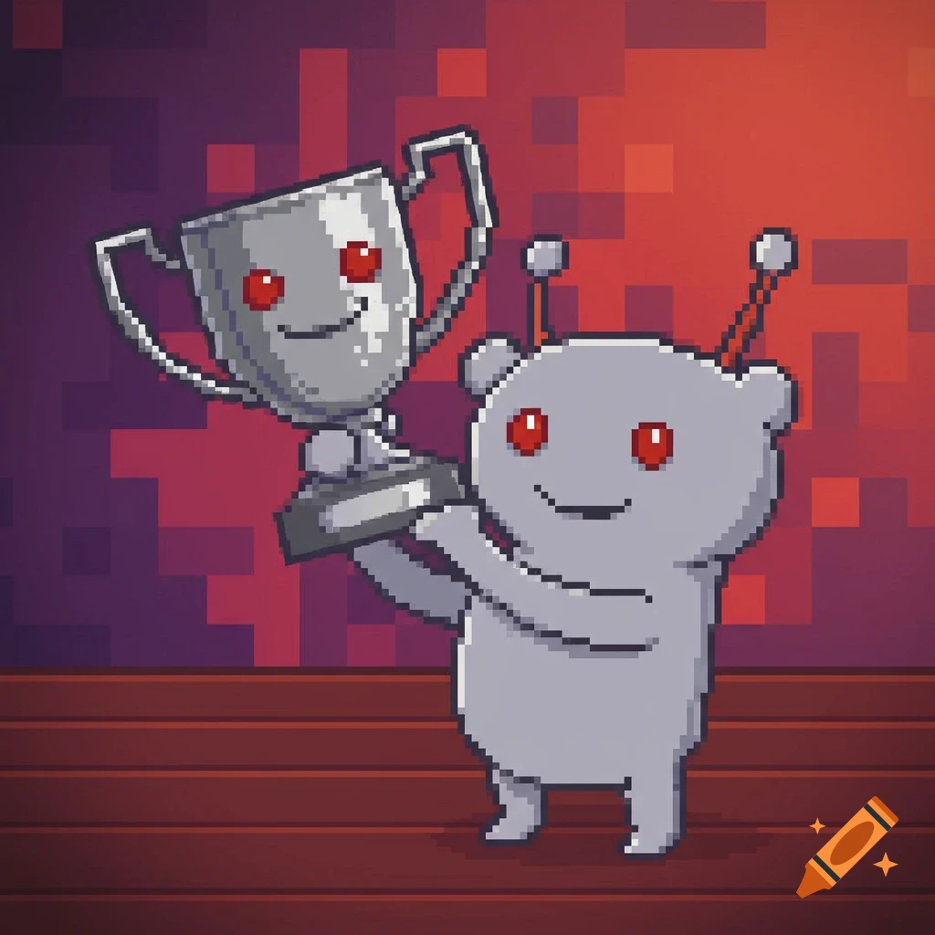 A pixel art Reddit Snoo character happily holding a silver trophy against a pixelated red background.
