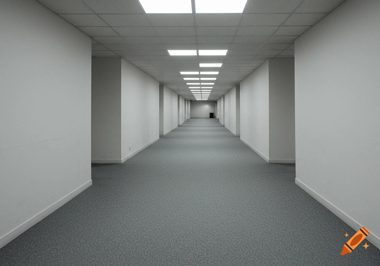 A long, empty, and brightly lit hallway with white walls and a grey carpet, receding into the distance.