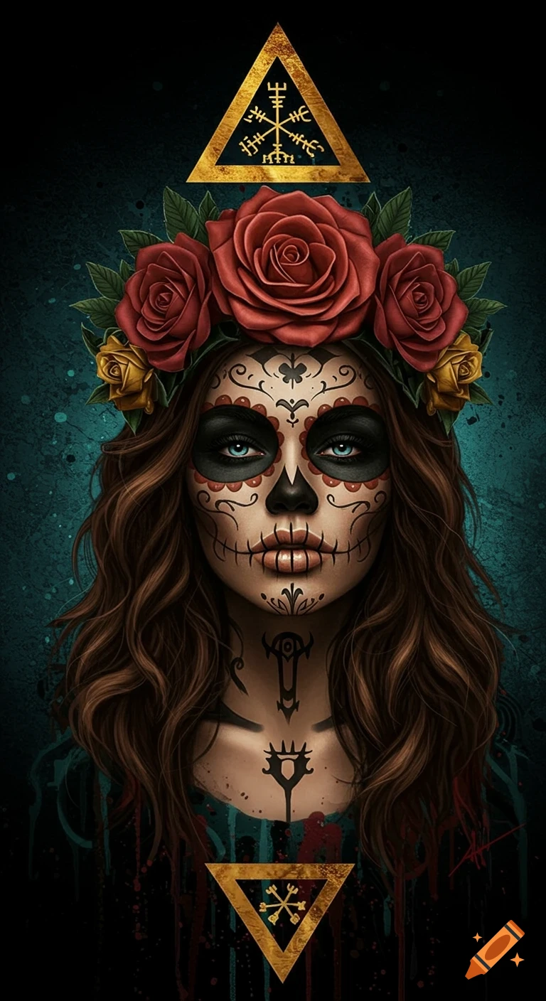 A woman with elaborate sugar skull makeup, adorned with a crown of red and yellow roses, and a vegv A woman with elaborate sugar skull makeup, adorned with a crown of red and yellow roses, and a vegvísir symbol.