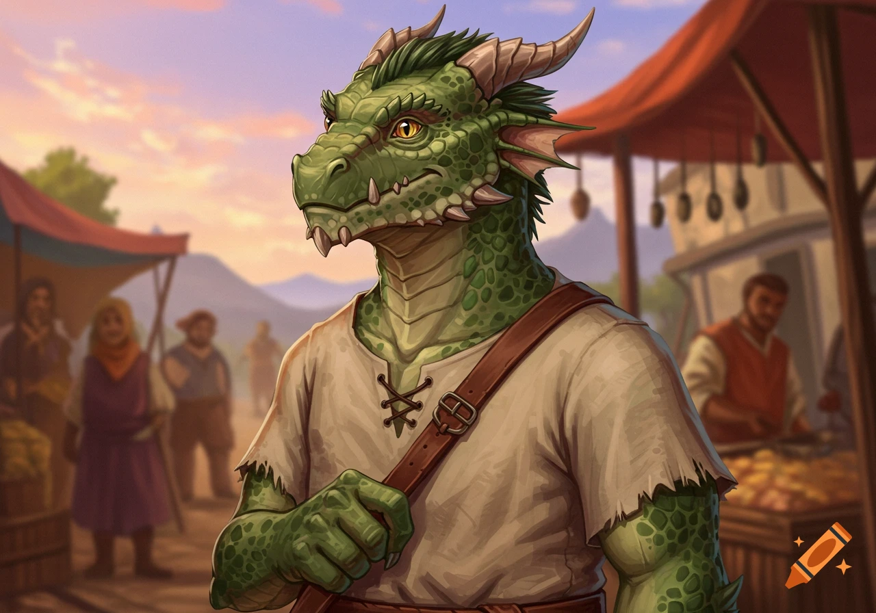 A detailed illustration of a green dragonoid in a simple tunic with a satchel, standing in a lively fantasy marketplace at sunset.
