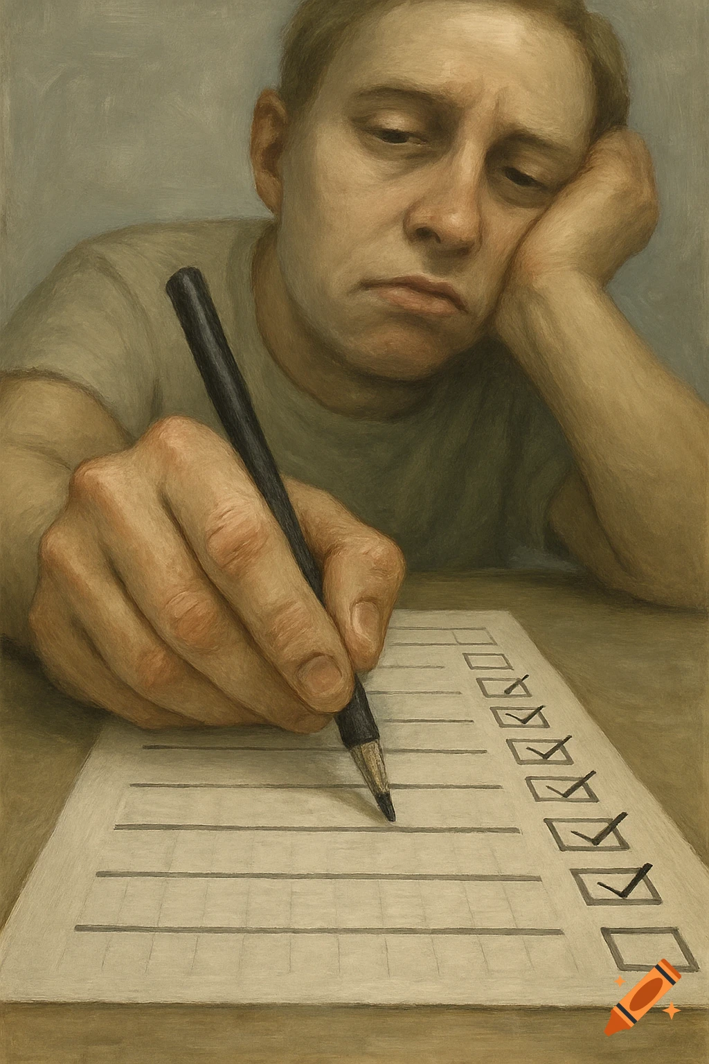 A close-up painting of a bored person with their head propped up, mechanically checking boxes on a paper form with a pencil.