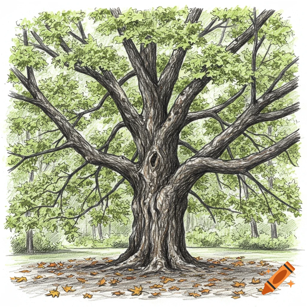 Detailed sketch of a large, mature tree with green leaves and fallen autumn leaves around its base.