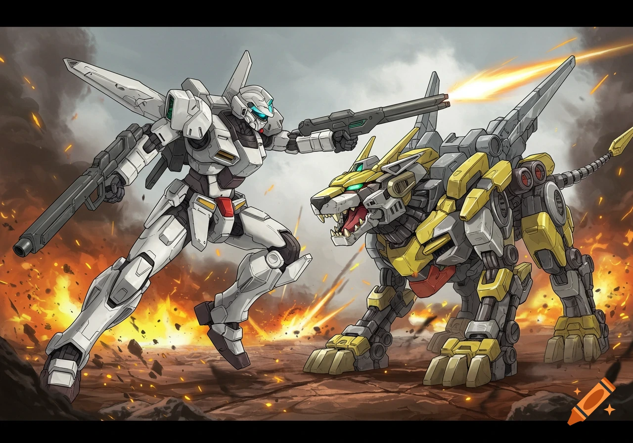 A white humanoid mech battles a yellow robotic lion amidst explosions and debris in an anime art style.