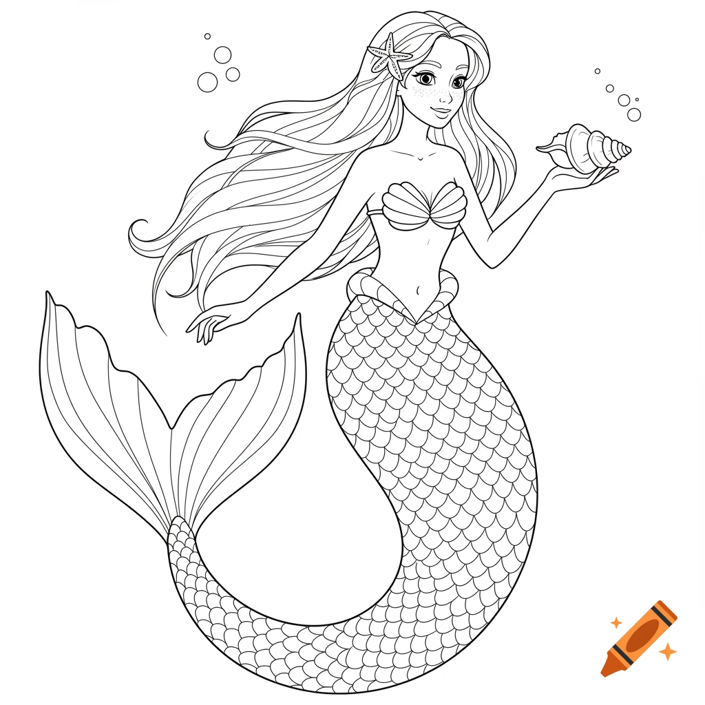 A black and white line art coloring page of a mermaid holding a seashell, with long flowing hair and a starfish in her hair.
