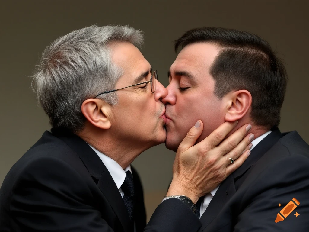Close-up photorealistic shot of two men in suits kissing.