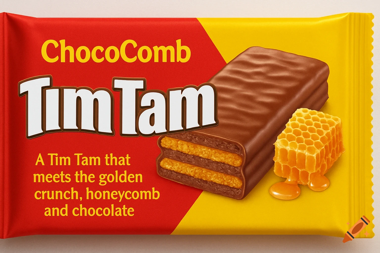 A red and yellow 'ChocoComb Tim Tam' chocolate bar wrapper featuring a chocolate biscuit and honeycomb.
