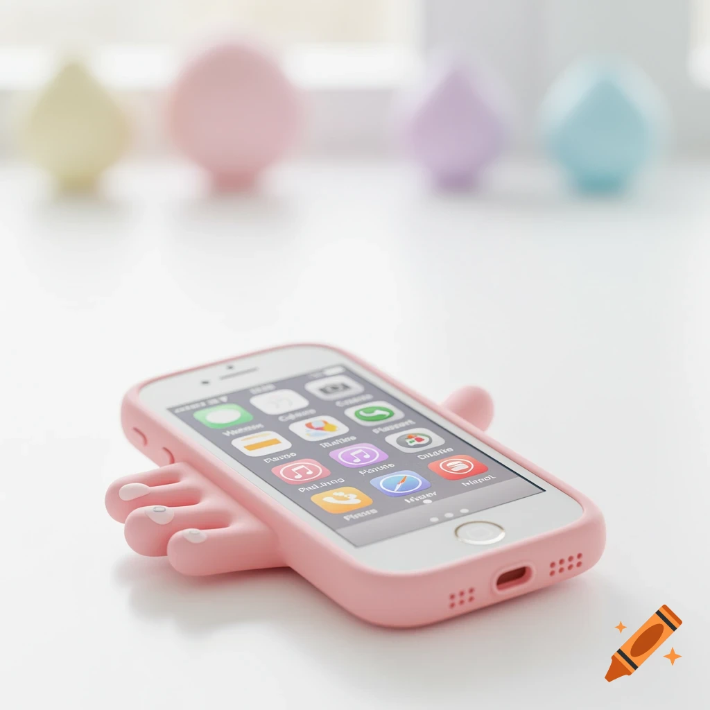 A pink iPhone in a quirky case designed like a hand, sitting on a white surface with blurred colorful shapes in the background.