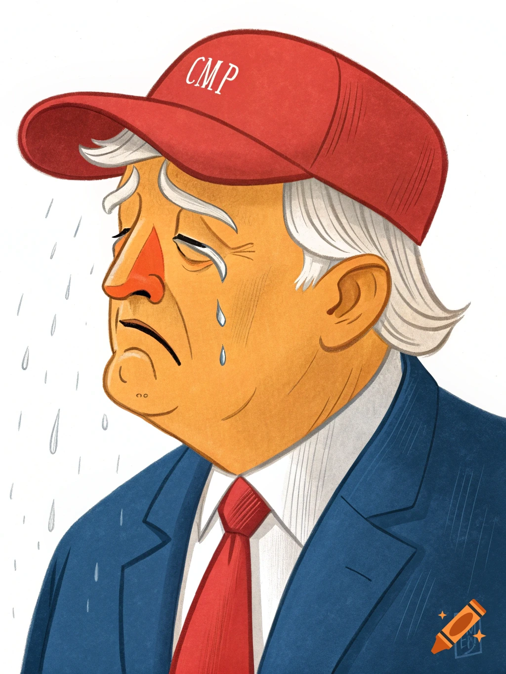 Caricature of an old man with white hair, red cap, blue suit, and red tie, crying tears.