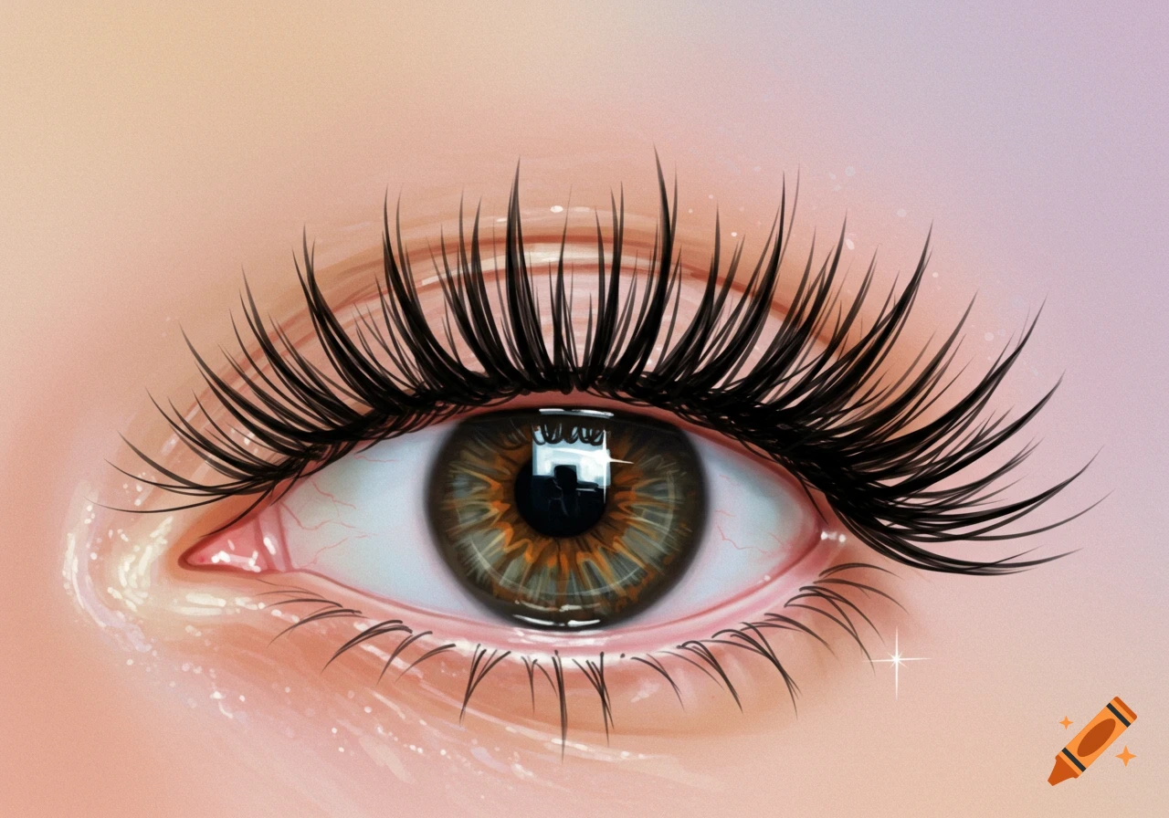 A detailed digital illustration of a brown eye with long, dark eyelashes, featuring reflections in the pupil and a slight sparkle near the outer corner.