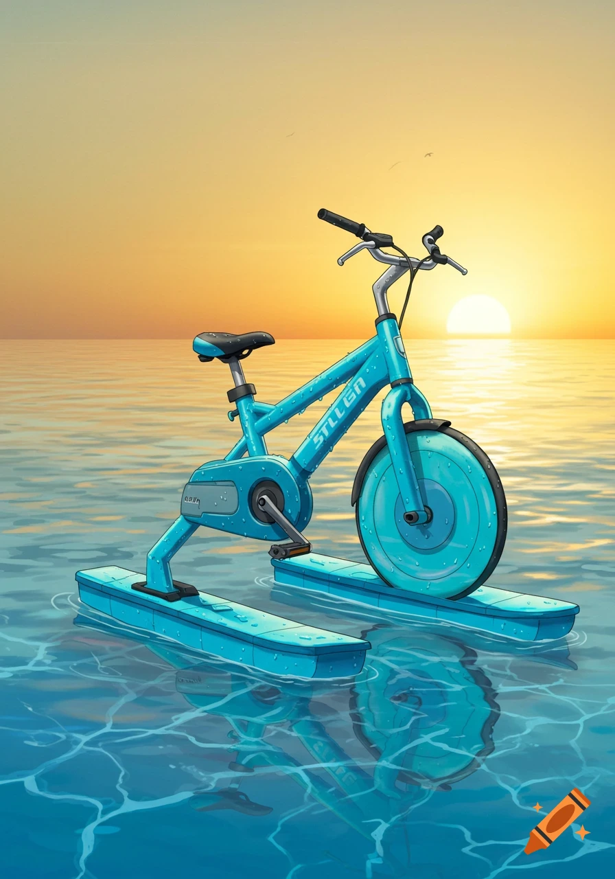 A bright blue aqua bike with the word 'STLLGA' on its frame floats on calm water as the sun sets in the background.