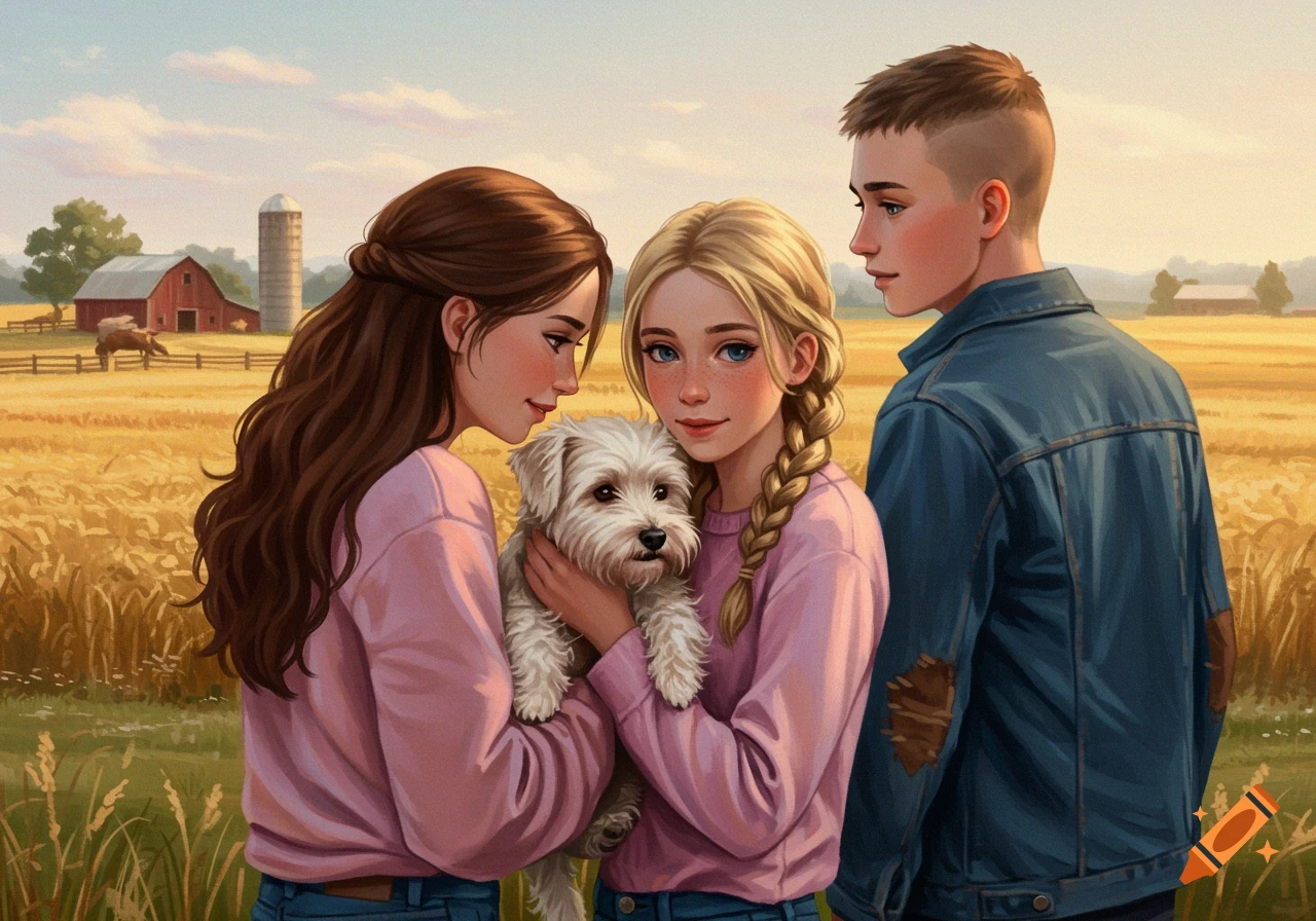 Two teenage girls with a small white dog in a golden field, a teenage boy stands nearby, with a barn and silo in the background, in a painterly style.