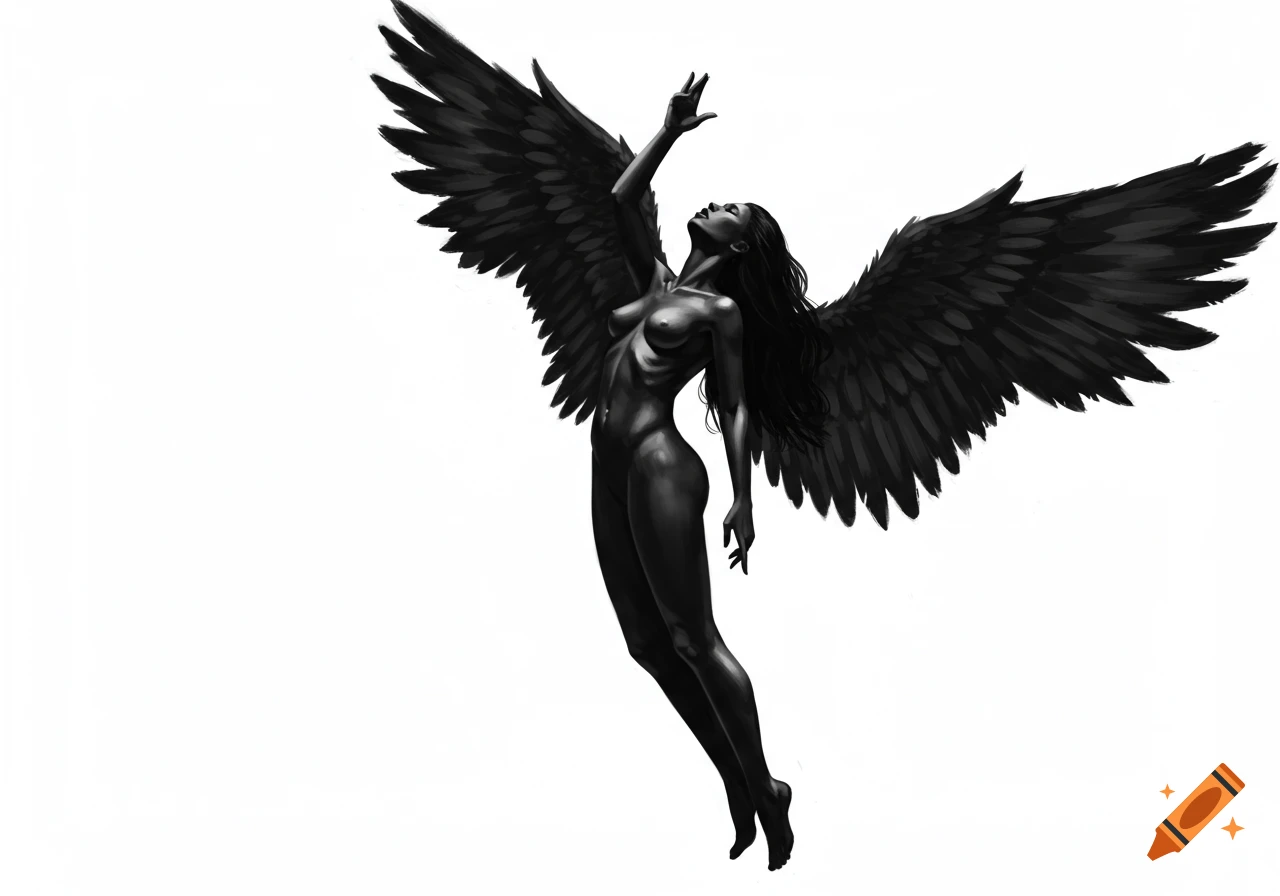 Black and white artistic illustration of a nude angel with large dark wings rising, looking upwards.